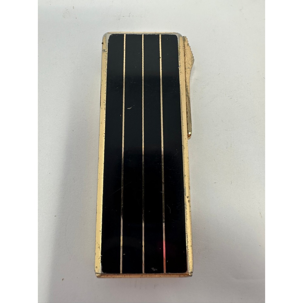 Vintage Century Butane Lighter Black Enamel Gold Tone Stripe Slim Pocket Lighter